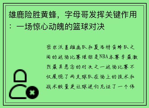 雄鹿险胜黄蜂，字母哥发挥关键作用：一场惊心动魄的篮球对决